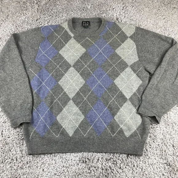 Jos A Bank Crewneck Sweater Mens Size Large Gray & Blue Argyle Lambswool Blend - Picture 2 of 9